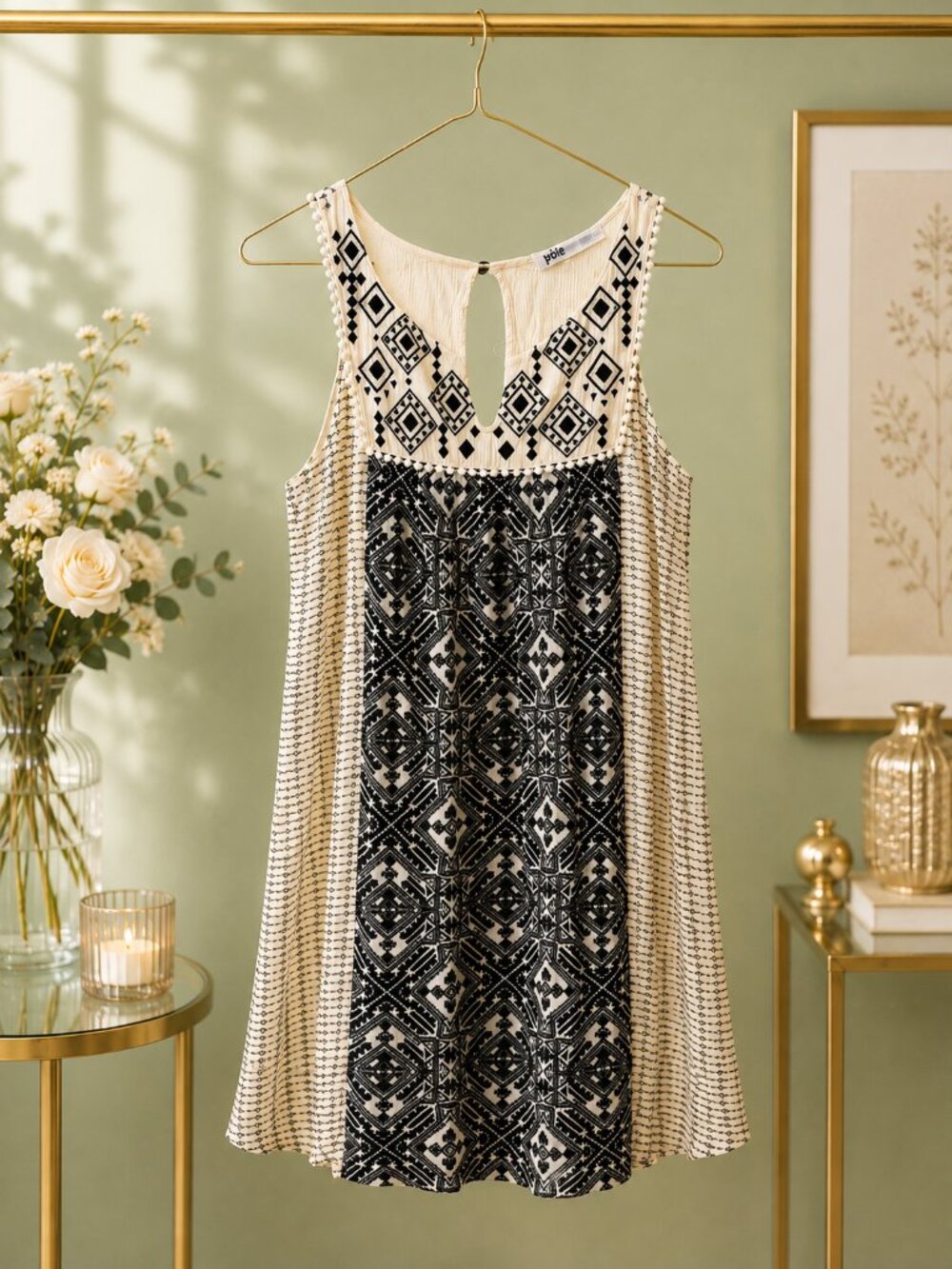 Jolt Black White Geometric Boho Mini Dress M Rayon Pom Trim Sleeveless